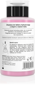 Tył różowego zmywacza do lakieru hybrydowego z olejem makowym, widoczne instrukcje użycia, składniki i kod kreskowy.