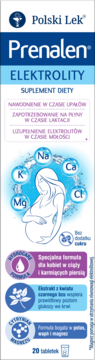 Polski Lek Prenalen Elektrolity, suplement dla kobiet w ciąży, z sylwetką i jonami, bez cukru, widok z przodu.