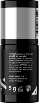 Tył czarnej butelki nabłyszczającego top coat UV/LED 5g, z polskim opisem i danymi STARS.SPACE.