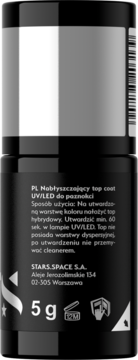 Czarny top coat UV/LED do paznokci, widok z tyłu opakowania 5g z polską etykietą i instrukcją użycia.