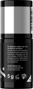 Czarny, cylindryczny top coat UV/LED do paznokci, tył opakowania z polskimi instrukcjami i wagą 5g.