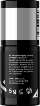 Tył czarnego, cylindrycznego opakowania nabłyszczającego top coat UV/LED STARS.SPACE 5g, z polskim opisem.