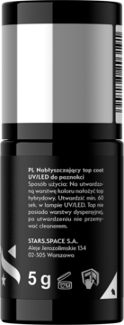 Czarny, cylindryczny, nabłyszczający top coat UV/LED Stars.Space 5g, widok z tyłu z polskim opisem produktu.
