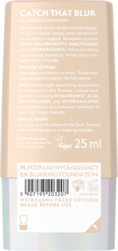 Tył beżowego opakowania podkładu CATCH THAT BLUR blurring foundation, 25ml, z opisem i kodem kreskowym.