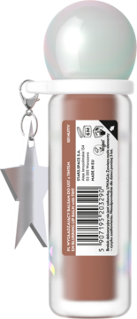 Wygładzający balsam do ust Stars Space z tintem w brązowym odcieniu, z tyłu etykieta i srebrna gwiazdka.