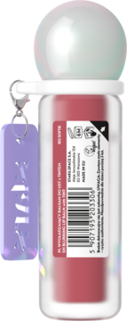 Blurring Lip Balm with Tint w przezroczystej butelce, różowy odcień, opalescentna nakrętka i fioletowy brelok.