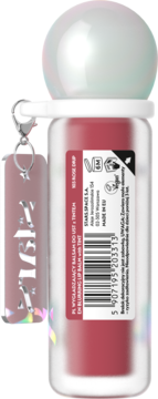 Różowy balsam do ust Starspace z tintem, tył opakowania z etykietą, kodem kreskowym, perłową nakrętką i zawieszką.