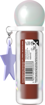 Tył wygładzającego balsamu do ust z tintem, z kulistą nakrętką i fioletową zawieszką-gwiazdką.