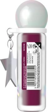 STARSPACE balsam do ust z tintem, plum kolor, w przezroczystej butelce z kulistą nakrętką i gwiazdką, widok z boku.