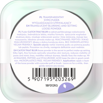 Tył białego opakowania sypkiego pudru Translucent Blurring, z opisami PL/EN i kodem kreskowym.
