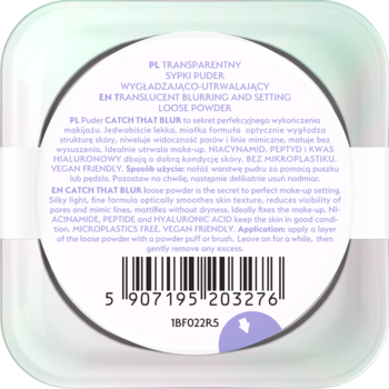 Tył pudru sypkiego Catch That Blur, transparentnego, wygładzającego. Białe opakowanie z fioletowym logo i tekstem PL/EN.