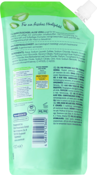 Tył zielonej torebki uzupełniającej żelu pod prysznic Aloe Vera, z listą składników i kodem kreskowym.