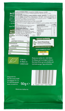 Tył zielonego opakowania bio produktu spożywczego z listą składników, tabelą wartości odżywczych i kodem kreskowym, 50g.