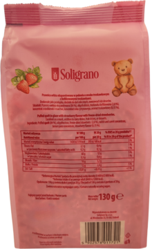 Tył różowego opakowania Soligrano Orkisz ekspandowany truskawkowy z liofilizowanymi truskawkami 130g, widoczna tabela.