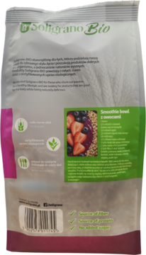 Tył opakowania Soligrano Bio Mix Eko ekspandowanych zbóż. Widoczne informacje, brak cukru, źródło błonnika, białka.