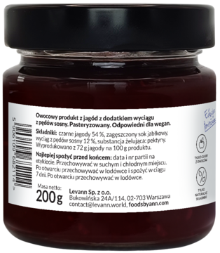 Tył szklanego słoika dżemu z czarnych jagód, widoczna etykieta z polskim opisem składu i informacją wegańską.