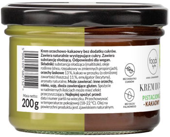 Tył szklanego słoika z dwukolorowym kremem pistacjowo-kakaowym bez cukru, widoczna biała etykieta z informacjami 200g.
