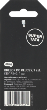Czarny tył opakowania breloczka Eloy kółko wzor1, z białym napisem 'SUPER TATA' i kodem kreskowym, 1 sztuka.