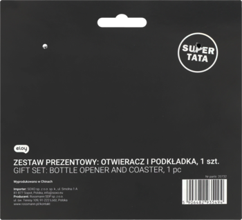 Tył czarnego opakowania zestawu prezentowego Eloy: otwieracz i podkładka. Biały napis 'SUPER TATA', kod kreskowy.