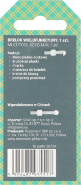Tył opakowania multitool Eloy 6w1, szaro-zielone tło, tekst funkcji, kodu kreskowego i danych producenta.