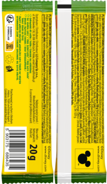 Tył zielono-żółtego opakowania batona owocowego Disney 20g, z kodem kreskowym i polskimi informacjami.