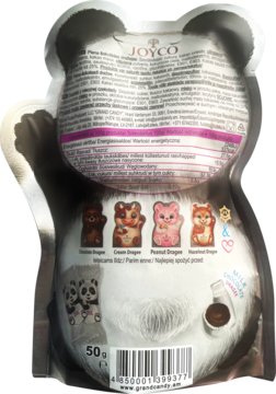 Widok z tyłu na opakowanie draży czekoladowych Joyco w kształcie pandy, z tabelą wartości i obrazkami draży-misiów.