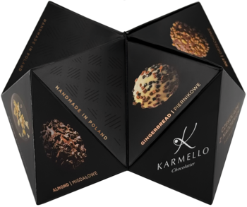Karmello Chocolatier: czarne, geometryczne pudełko z pralinami o różnych posypkach, widok z góry, logo.