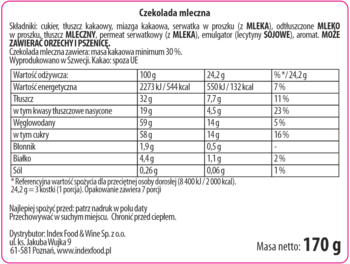 Tył opakowania mlecznej czekolady Marabou 170g z dużą tabelą wartości odżywczych. Biała etykieta na różowym tle.
