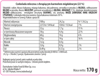 Tył różowego opakowania czekolady Marabou Daim 170g, z tabelą wartości odżywczych.