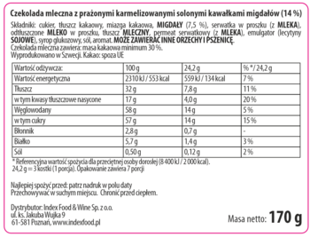 Tył opakowania czekolady Marabou z mlecznej czekolady i migdałów, z tabelą wartości odżywczych.