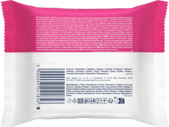 Tył różowo-białego opakowania bawełnianych chusteczek I Love Make Up do demakijażu, widok na składniki.