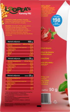 Tył czerwonego opakowania chrupek Loopea's Pomidor z Bazylią 50g, z tabelą wartości odżywczych, 198 kcal.