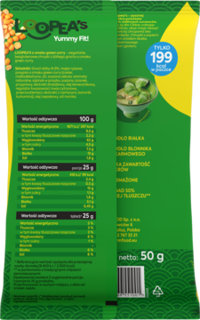 Tył zielonego opakowania Loopea's Yummy Fit! Green Curry 50g z tabelą wartości odżywczych i wartością kaloryczną.