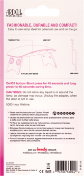 Tył opakowania lampy UV/LED Ardell Professional. Biało-różowy kartonik z instrukcjami i grafiką kompaktowej lampy.