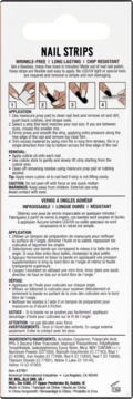 Tył opakowania Ardell Nail Strips, beżowe, z instrukcją użycia po angielsku i francusku oraz listą składników.