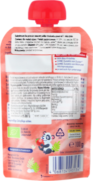 Tył różowej saszetki z musu owocowego dla dzieci, widoczne informacje odżywcze, panda i liście.