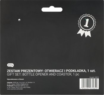 Tył czarnego opakowania Eloy: zestaw prezentowy, otwieracz i podkładka. Widoczny napis GIFT SET, 1 szt.