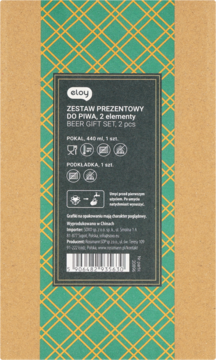 Eloy prezentowy zestaw do piwa dla taty: kufel 440ml i podkładka, w brązowym pudełku z zieloną kratą, widok z przodu.