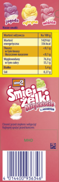 Różowe opakowanie żelków owocowych Smiej Żelki Miękkusie z jogurtem, smaki jagoda, cytryna, wiśnia, widoczna tabela odżywcza.