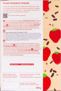 The Beginnings Protein Strawberry Granola 200g, tył opakowania z truskawkami i szczegółową etykietą produktu.