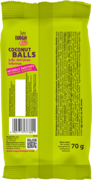 Zielona torebka Super Fudgio Coconut Balls 70g, widok z tyłu z listą składników, wegańskie, daktylowe.