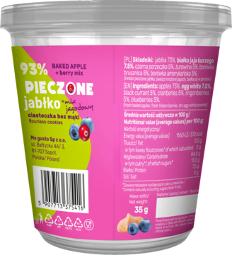 Tył kubeczka Deseru jabłkowego mix jagodowy Smile Based 35g. Różowo-zielona etykieta, widoczne wartości odżywcze.