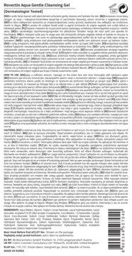 Tył opakowania Rovectin Aqua Gentle Cleansing Gel z tekstem w wielu językach i kodem kreskowym.