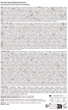 Biała butelka Rovectin Aqua Hyaluronic Essence z pompką, toner i esencja, widok z przodu, etykieta z drobnym tekstem.