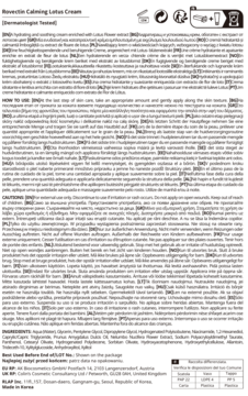 Rovectin Calming Lotus Cream, tył opakowania z czarnym tekstem, opisem produktu, użycia i składników.