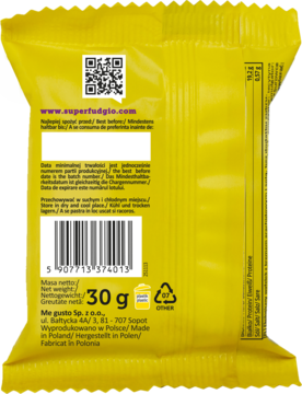 Tył żółtego opakowania ekologicznego wafelka wegańskiego z kremem arachidowym, z kodem QR, kreskowym, 30g.