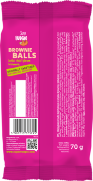Tył różowego opakowania Super Fudgio ekologicznych Brownie Balls, składniki i kod kreskowy.