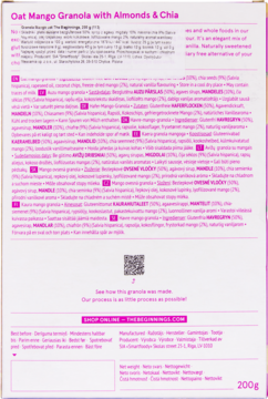 Tył różowego opakowania Oat Mango Granola z Almonds & Chia, w wielu językach, waga 200g, bez cukru.