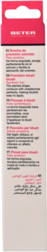 Tył różowo-białego opakowania pędzla do różu BETER z tekstami w wielu językach, w tym ‘Precision Blush Brush’.