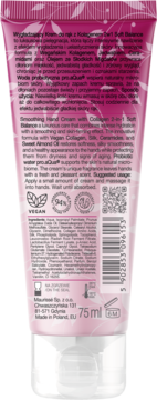 Tył różowej tubki kremu do rąk Soft Balance 2w1 z kolagenem, skład, polski opis i logo vegan, 75ml.